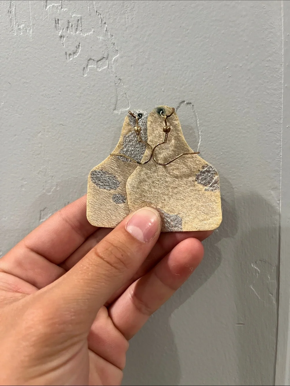Beige & Silver Glitter Cowhide Leather Drop Earrings - Women Accessories